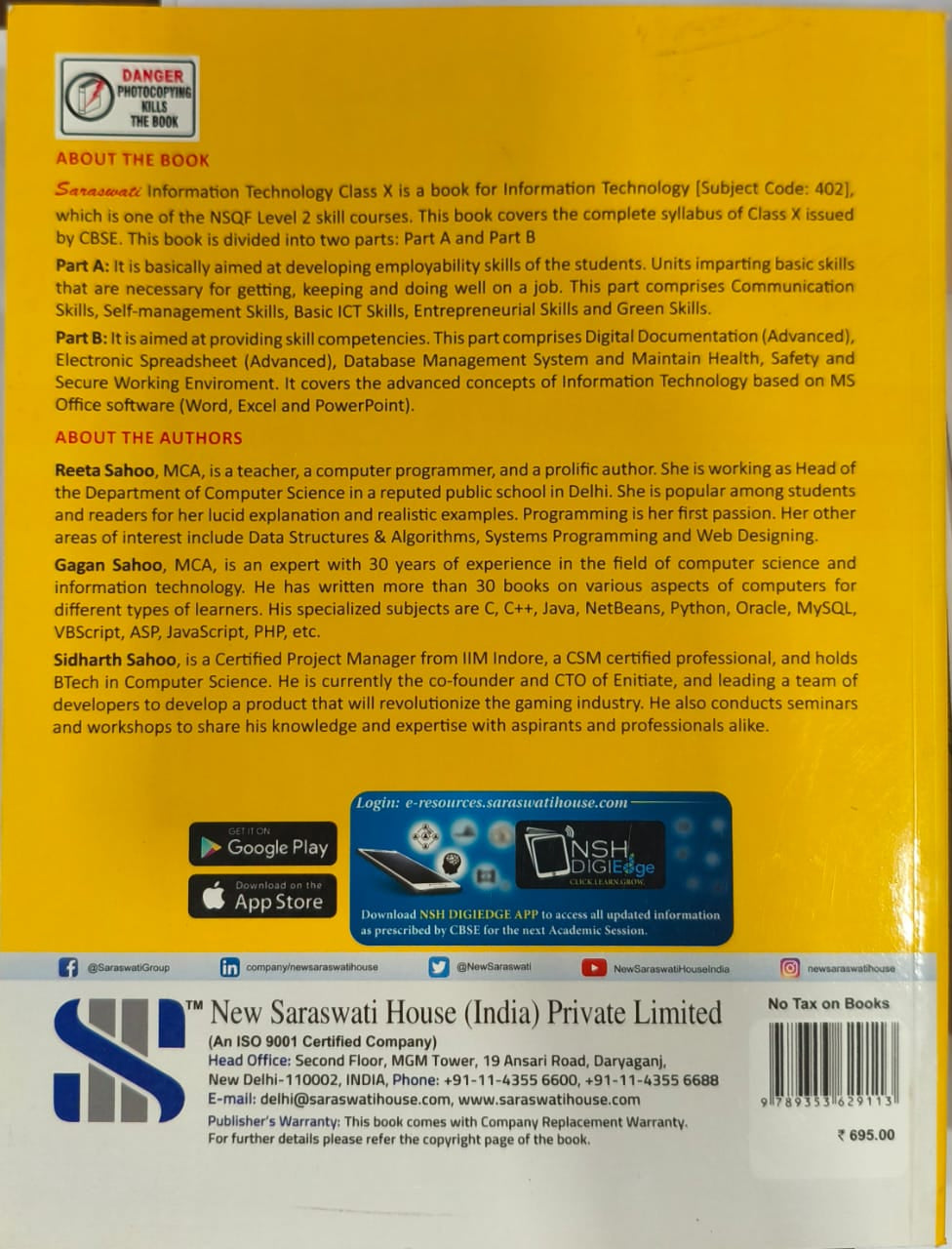 Saraswati Information Technology Textbook with Lab Activities for Class 10 - Based on Latest CBSE Curriculum (Under NSQF) Prescribed by CBSE, New Delhi - Latest for 2025-26 Examination. Paperback