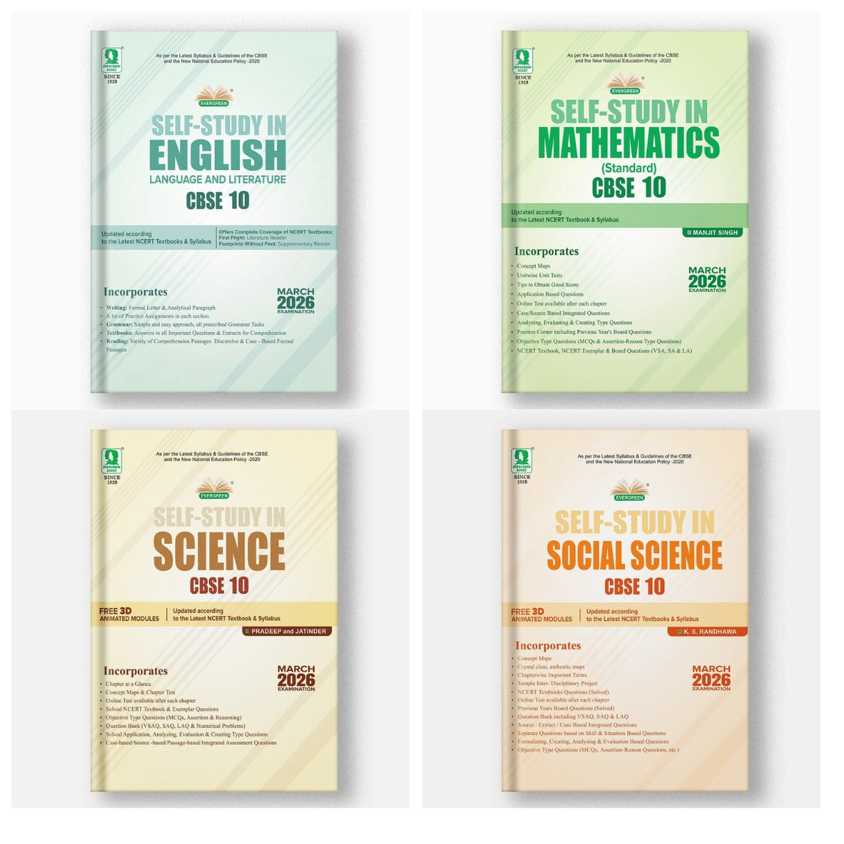 Evergreen CBSE Self Study Science, Social Science, Mathematics (Standard) & English (Language & Literature) for Class 10 - Set of 4 Books - Latest for 2025 Examination