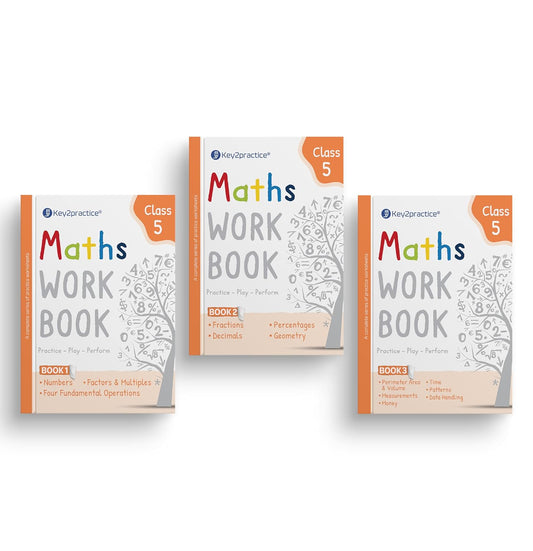 Key2practice Class 5 Math's Workbooks - Activity Worksheets of (Numbers, Factors, Multiples, Fractions, Decimals, Percentages, Geometry, Perimeter, Area, Volume, Time, Patterns, Data)