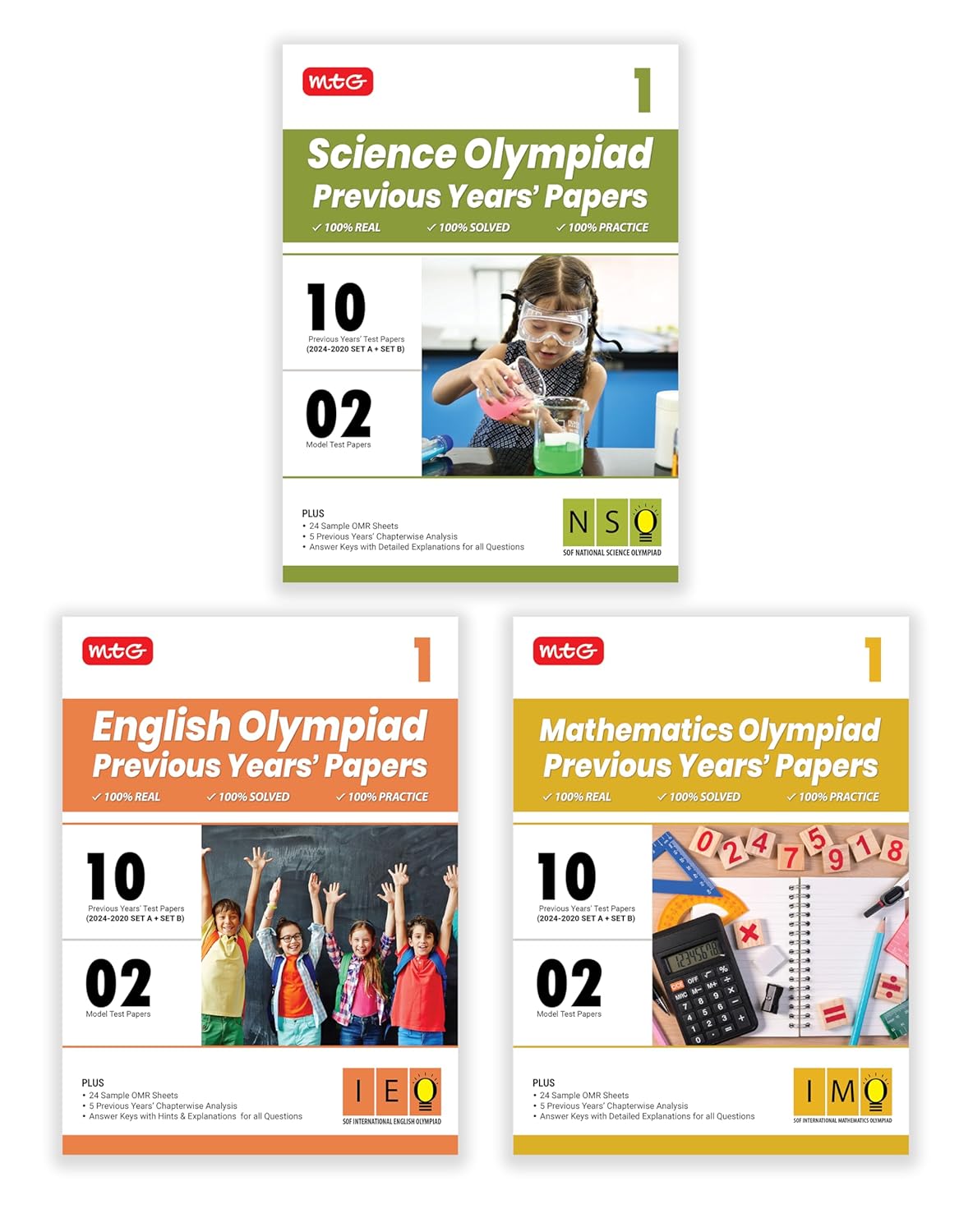 MTG Olympiad IMO-NSO-IEO (English, Mathematics & Science) Previous Years Papers (Set of 3 Books) For Class 1 - Latest for 2025-26 Session