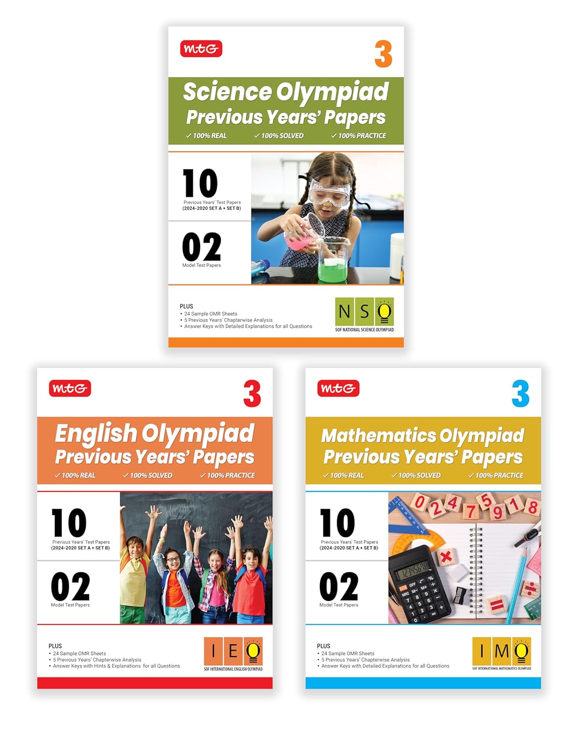 MTG Olympiad IMO-NSO-IEO (English, Mathematics & Science) Previous Years Papers (Set of 3 Books) For Class 3 - Latest for 2025-26 Session