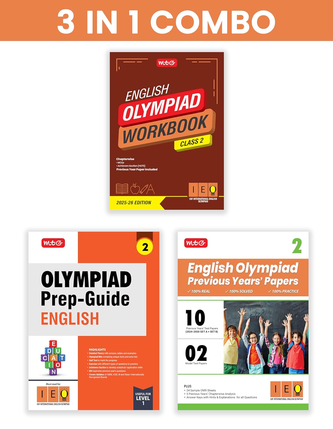 MTG Olympiad IEO English Workbook, Prep - Guide & Previous Years Papers (Set of 3 Books) For Class 2 - Latest for 2025-26 Session