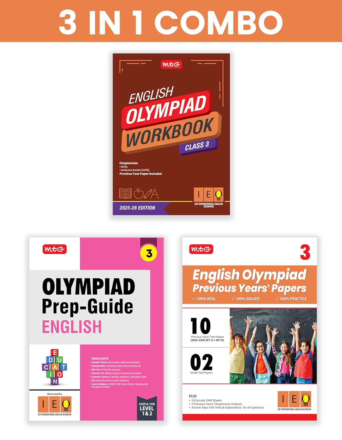 MTG Olympiad IEO English Workbook, Prep - Guide & Previous Years Papers (Set of 3 Books) For Class 3 - Latest for 2025-26 Session