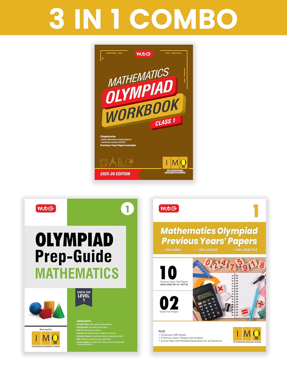 MTG Olympiad IMO Mathematics Workbook, Prep - Guide & Previous Years Papers (Set of 3 Books) For Class 1 - Latest for 2025-26 Session