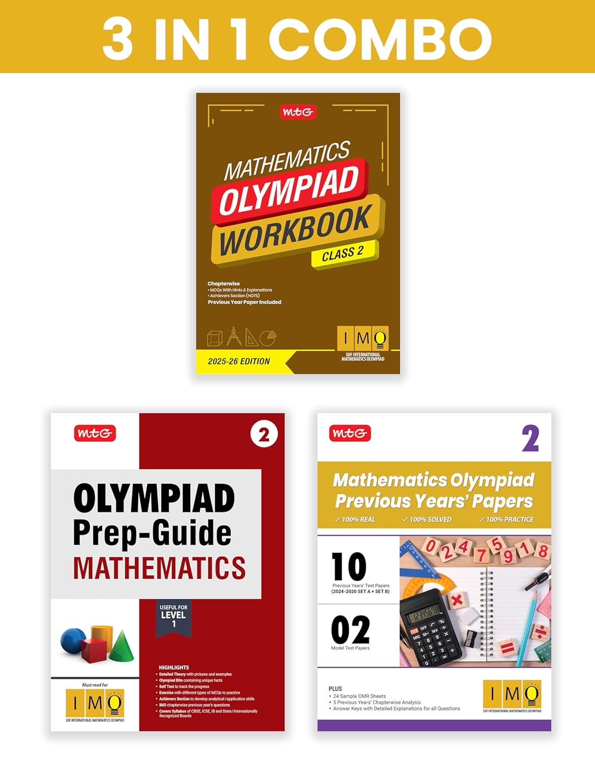 MTG Olympiad IMO Mathematics Workbook, Prep - Guide & Previous Years Papers (Set of 3 Books) For Class 2 - Latest for 2025-26 Session