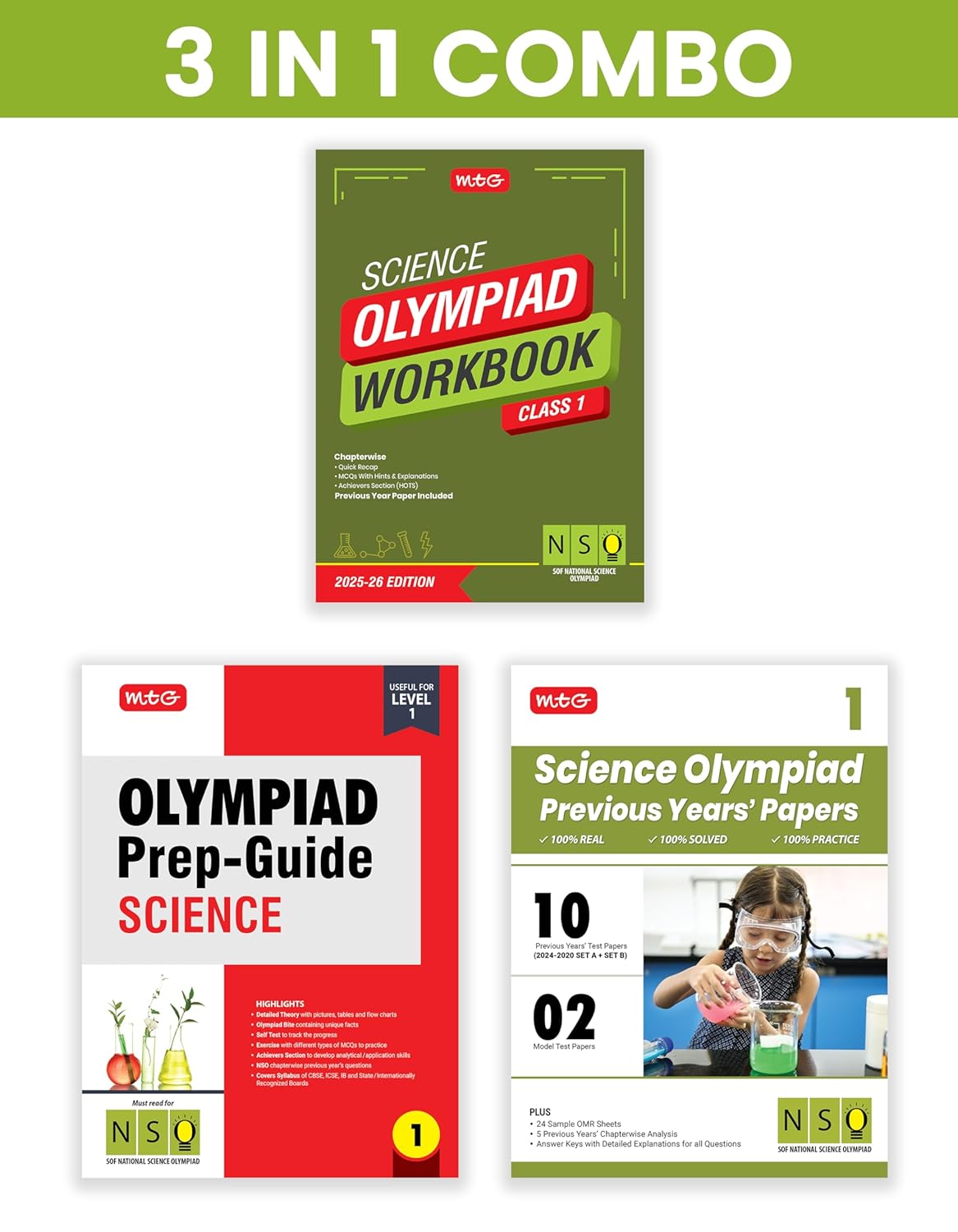 MTG Olympiad NSO Science Workbook, Prep - Guide & Previous Years Papers (Set of 3 Books) For Class 1 - Latest for 2025-26 Session