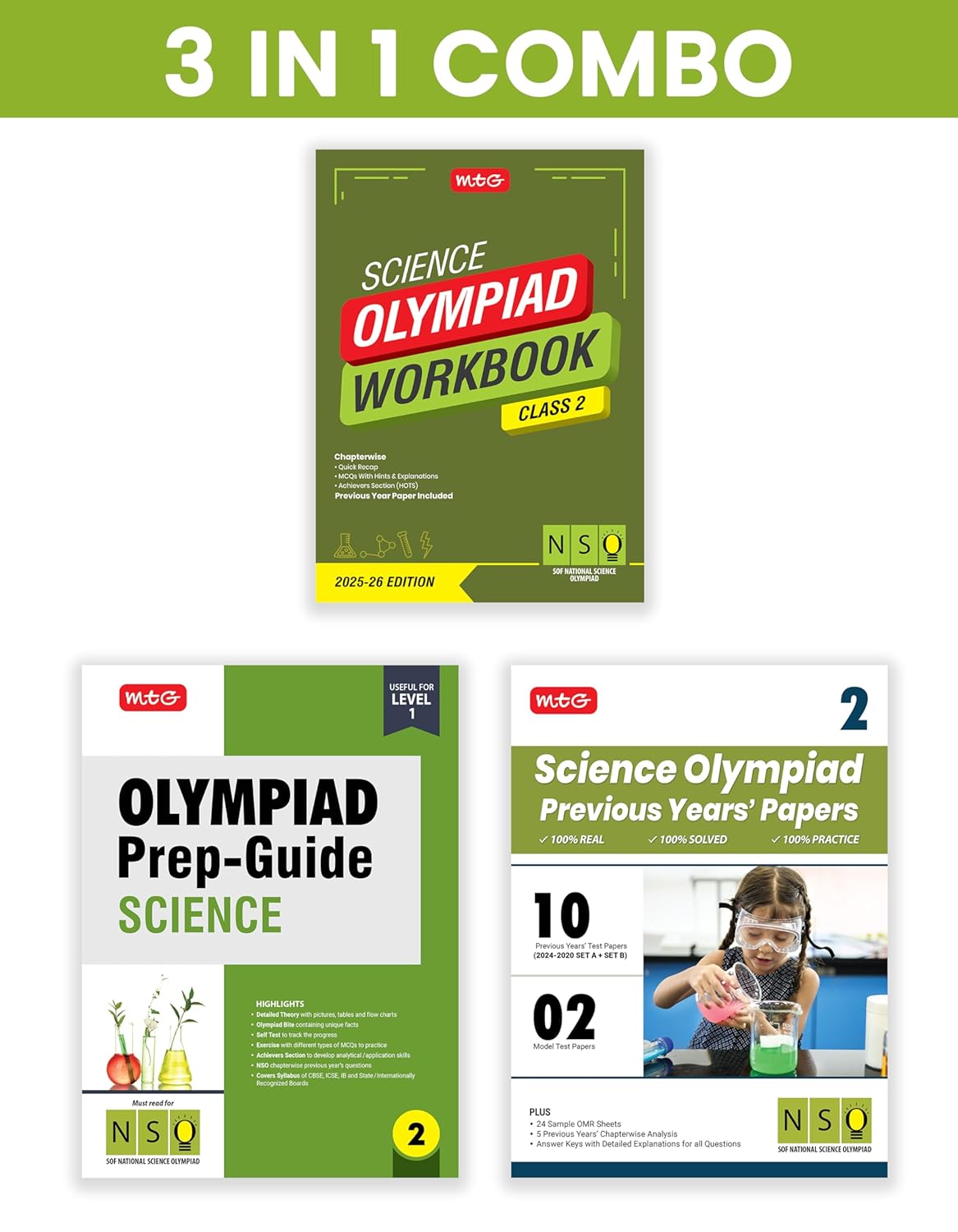 MTG Olympiad NSO Science Workbook, Prep - Guide & Previous Years Papers (Set of 3 Books) For Class 2 - Latest for 202-26 Session