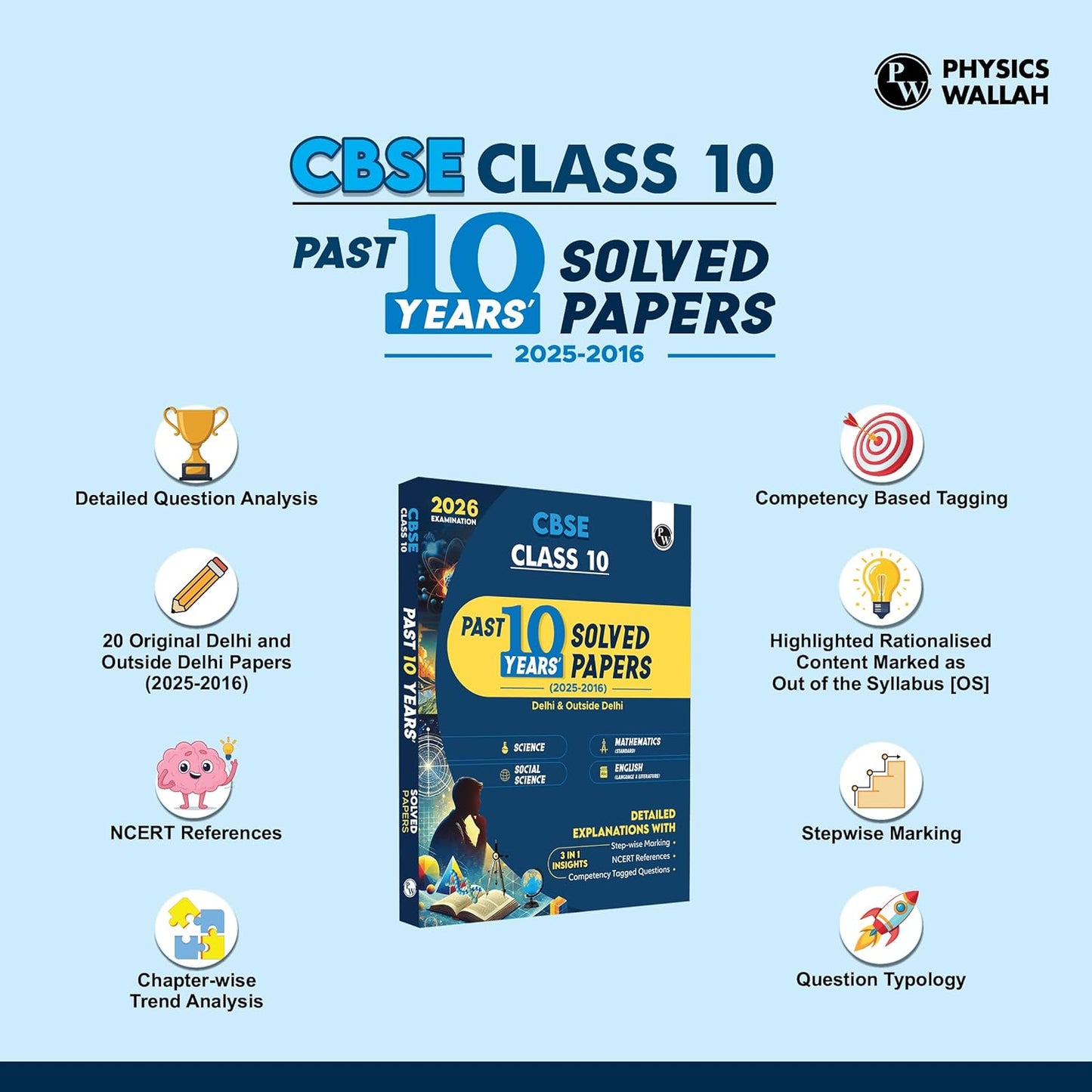 Physics Wallah (PW) CBSE Class 10 PYQs - Past 10 Years Solved Papers (2025-2016) For 2026 Board Exams - Delhi & Outside Delhi