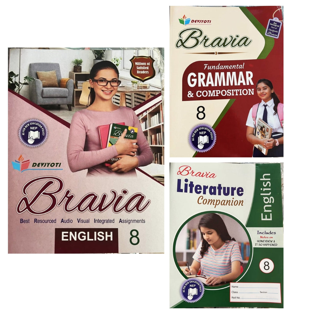 Devjyoti Bravia  English Assignments, Fundamental Grammar & Composition & Literature Companion (Set of 3 Books) for Class 8 - Latest For 2025 Session. Paperback