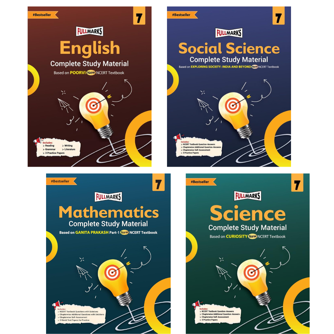 Full Marks Complete Study Material For Class 7 English (Poorvi), Math's (Ganita Prakash), Science (Curiosity), Social (Exploring Society: Indian & Beyond) Set of 4 Books Based on New NCERT Textbook and CBSE Syllabus - Latest for 2025-26 Session