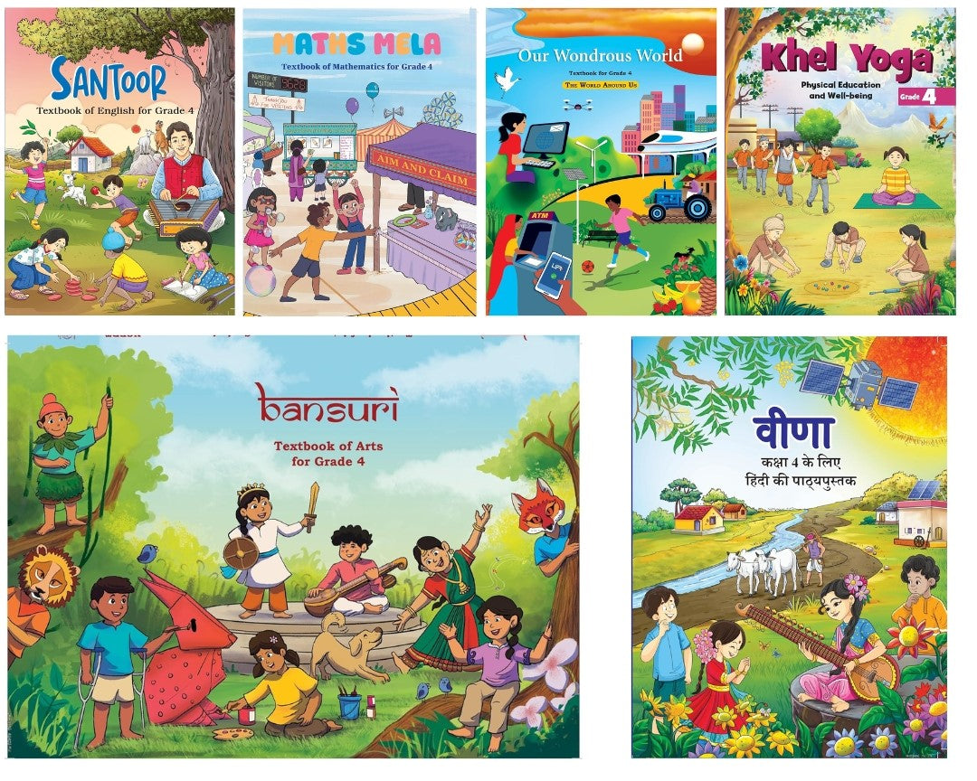 NCERT Santoor, Math's Mela, Veena, Our Wondrous World, Bansuri-1 & Khel Yoga Physical Textbook For Class 4 (Set of 6 Books) - Latest Edition