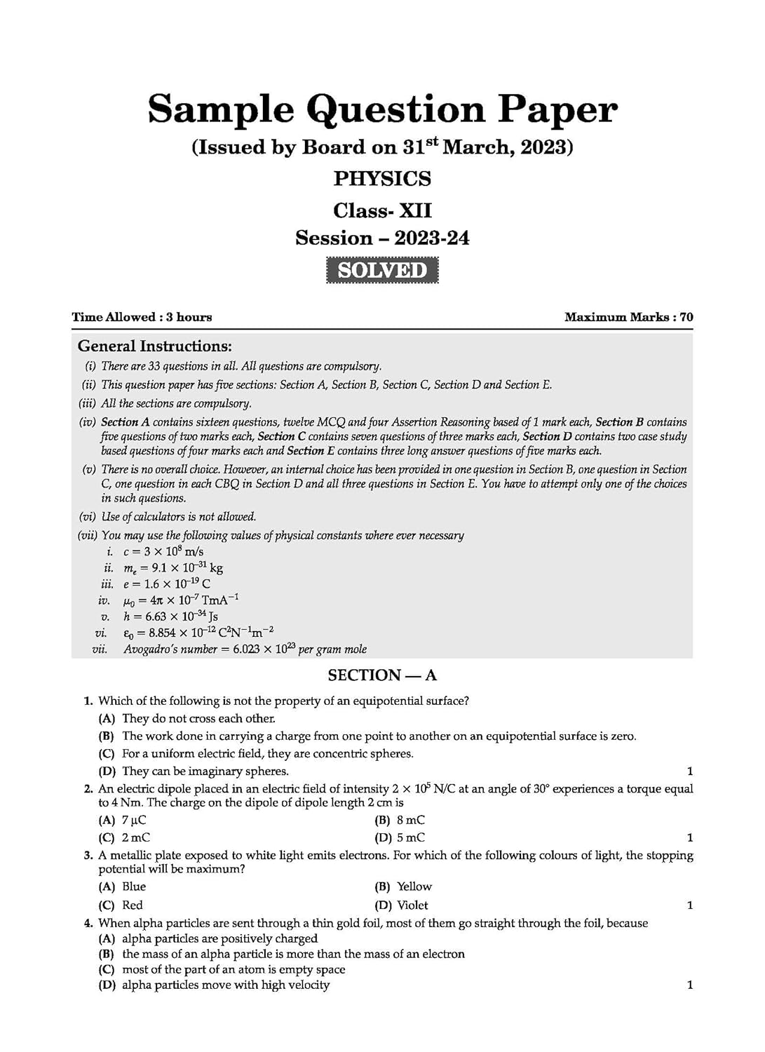 Oswaal CBSE Question Bank Physics For Class 12 - Latest for 2025 Board Exams