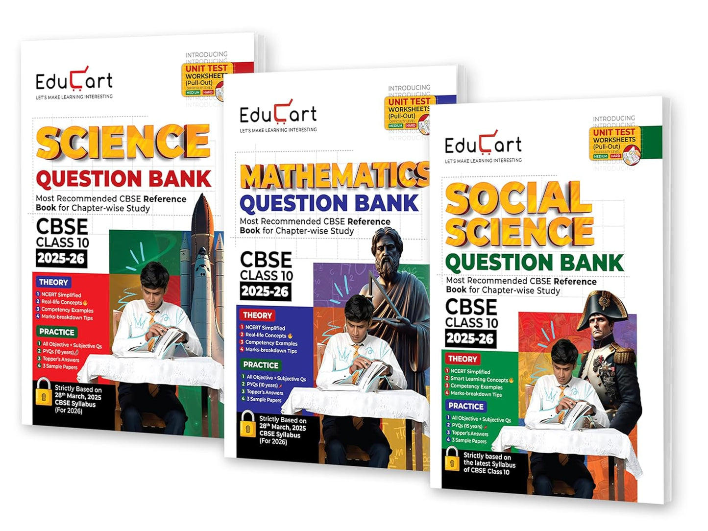 Educart CBSE Question Bank Mathematics, Science & Social for Class 10 - Set of 3 Books - Latest for 2025-2026 Session