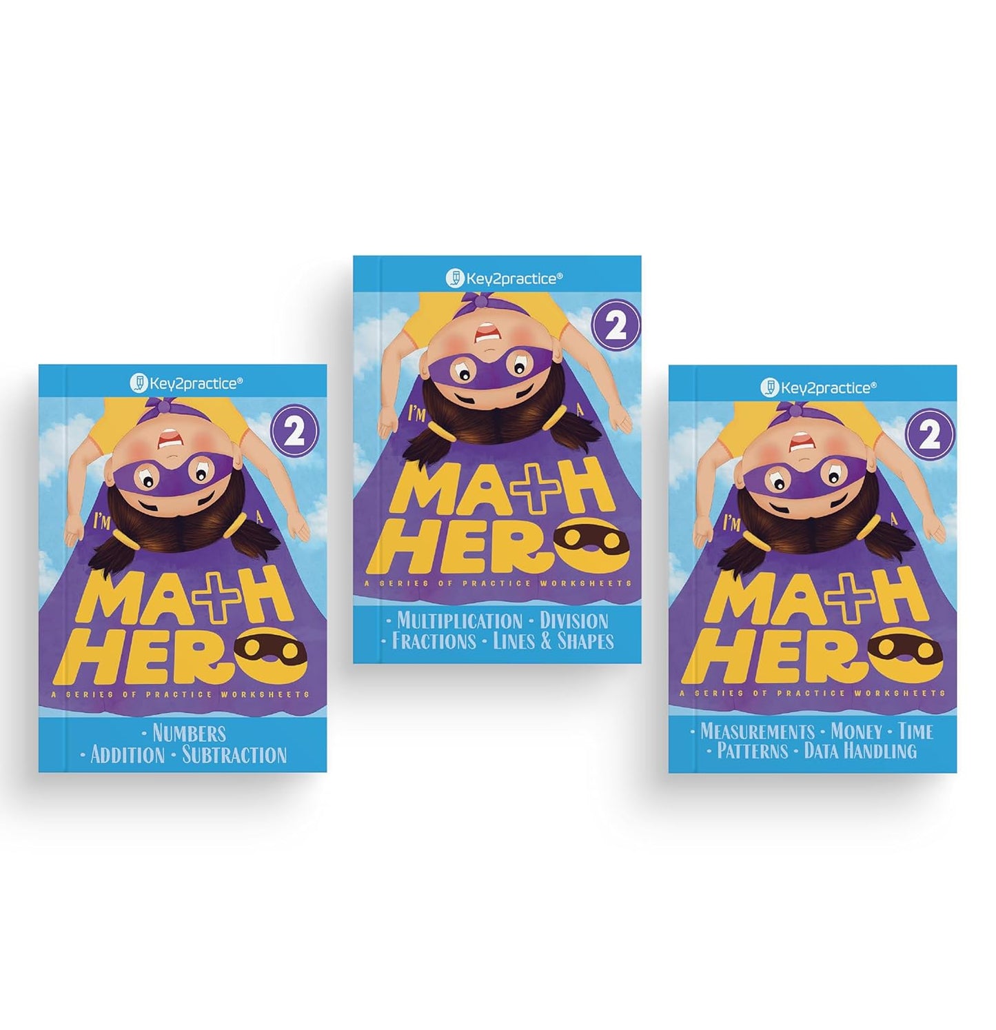 Key2practice Class 2 Math's Hero Workbooks - (Set of 3 Books) Activity Based Worksheets, Numbers, Addition, Subtraction, Multiplication, Division, Lines & Shapes, Measurements, Money, Time, Patterns, Data