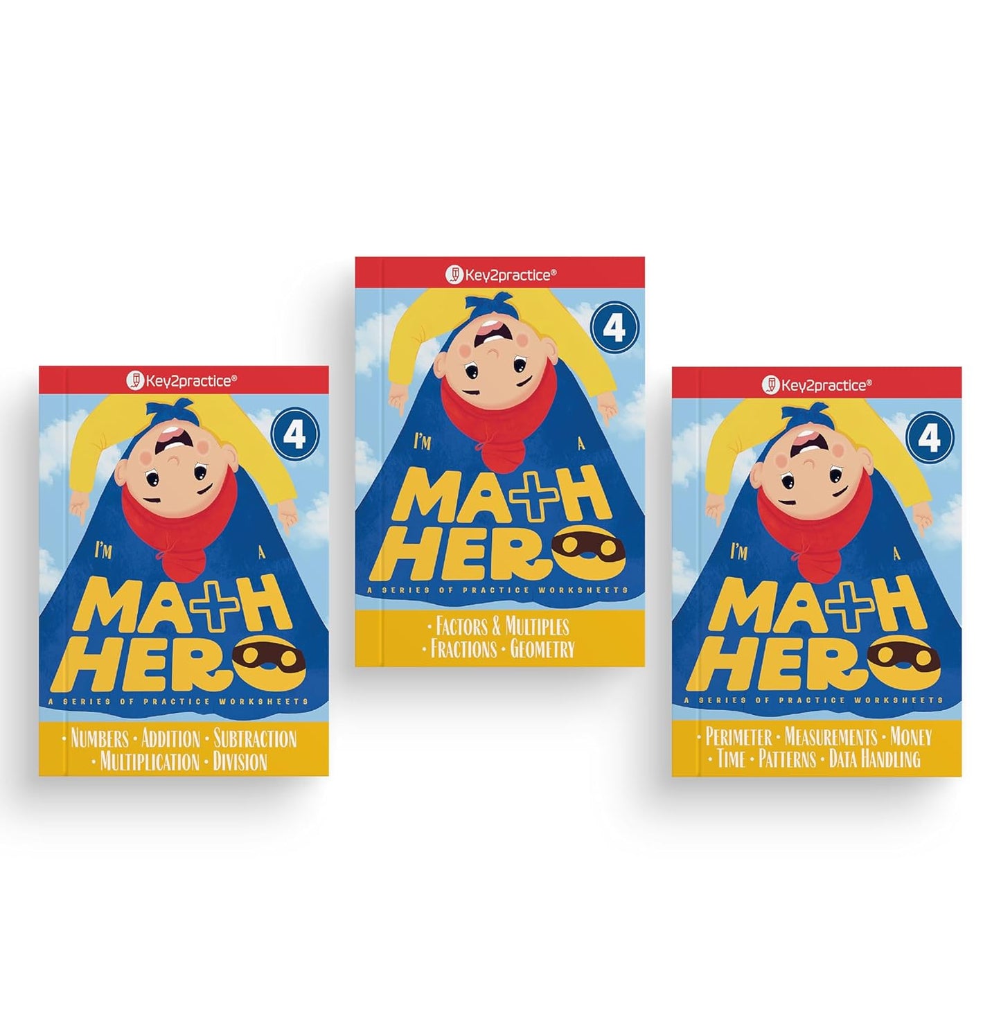 Key2practice Class 4 Math's Hero Workbooks - (Set of 3 Books) Worksheets of Numbers, Addition, Subtraction, Multiplication, Division, Factions, Geometry, Perimeter, Measurements, Money, Time, Patterns, Data