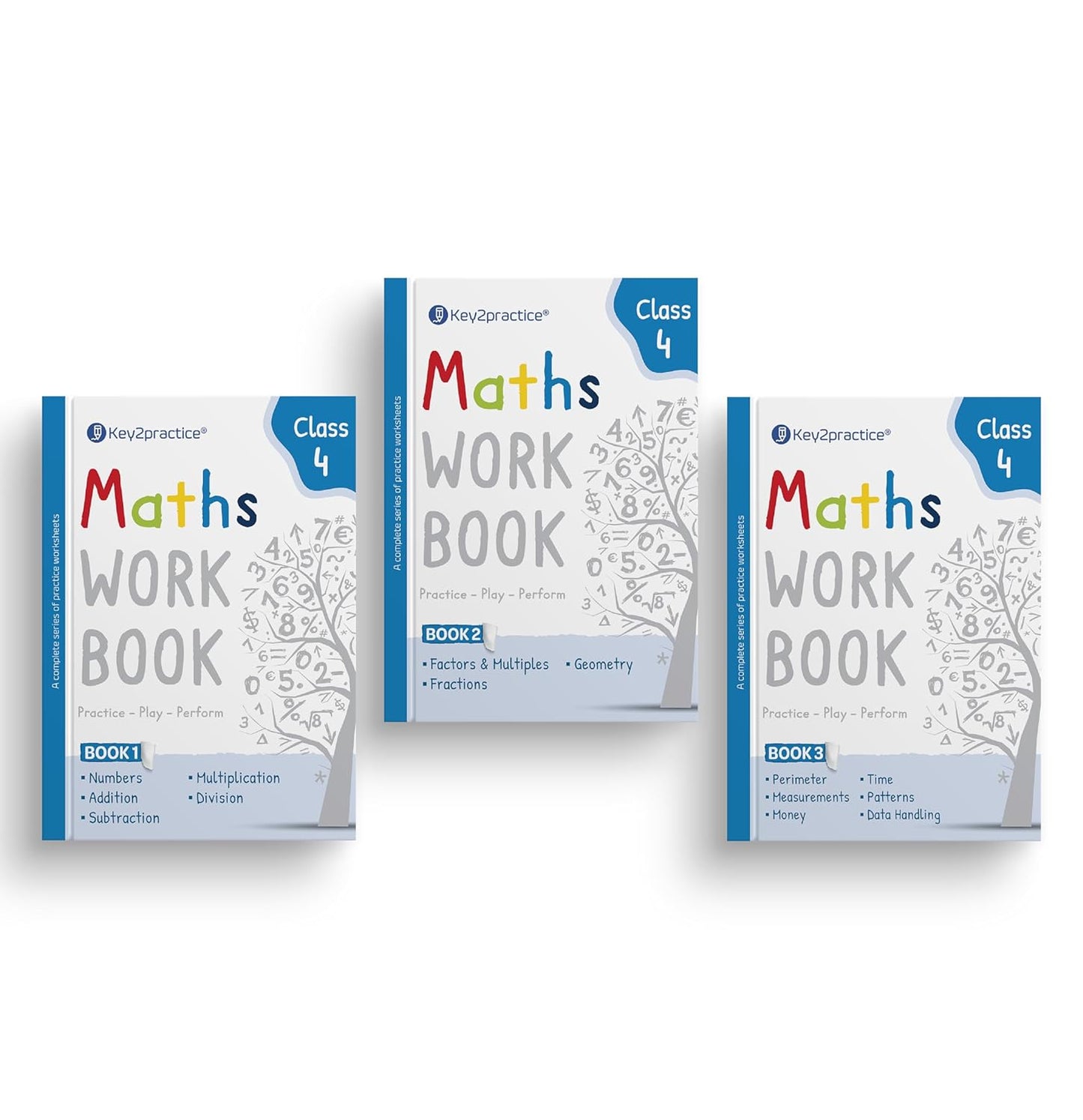 Key2practice Class 4 Math's Workbooks - Combo of (Numbers, Addition, Subtraction, Multiplication, Division, Factors & Multiples, Fractions, Geometry, Perimeter, Measurements, Money, Time) - (Set of 3 Books)