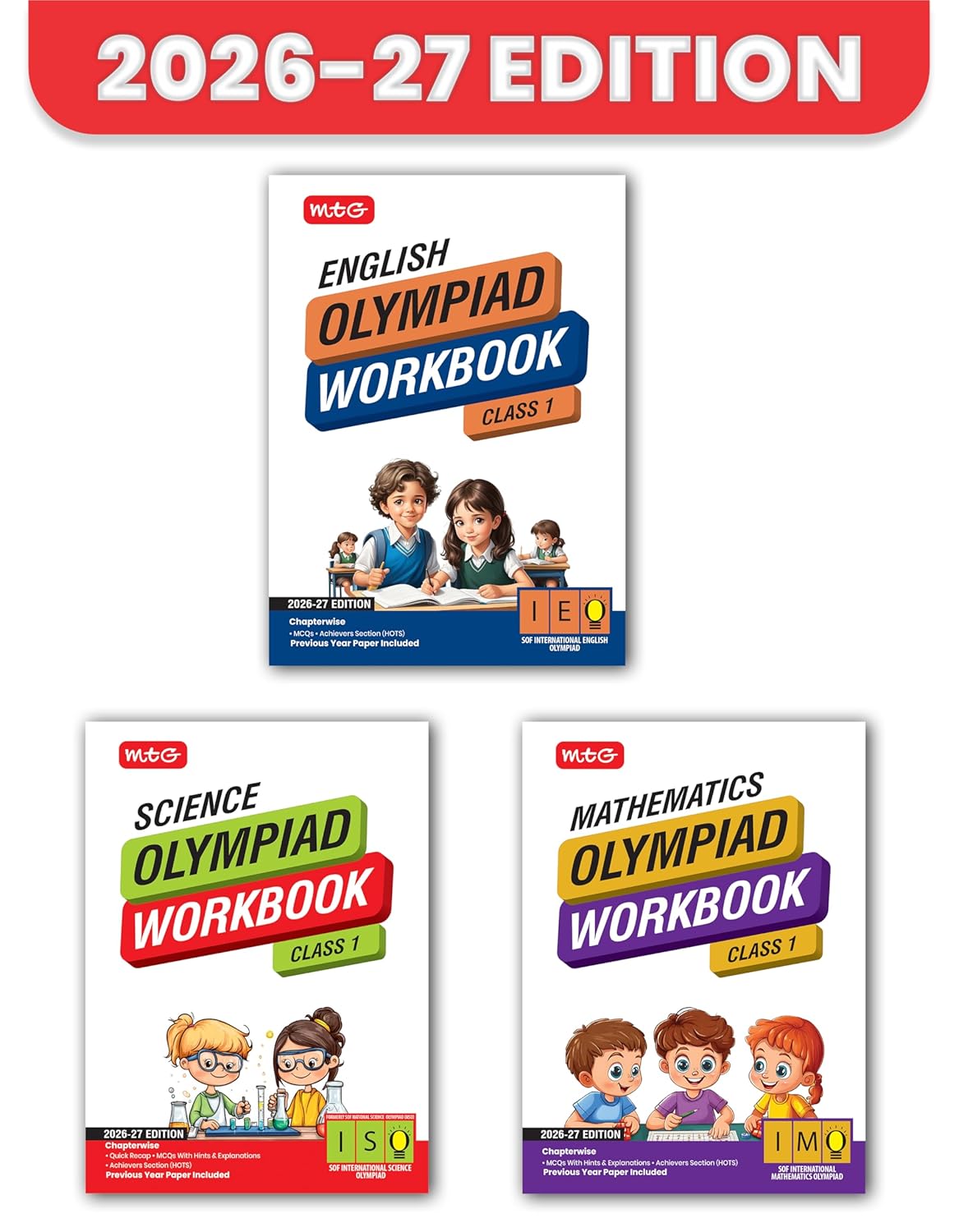 MTG Olympiad IEO-IMO-NSO (English, Mathematics & Science) Workbook For Class 1  _ Set of 3 Books - Latest for 2026 Session