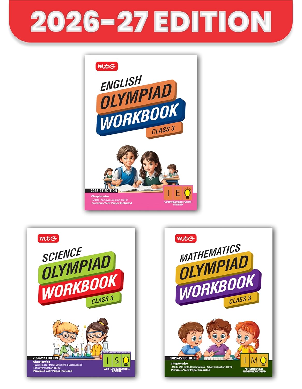 MTG Olympiad IEO-IMO-NSO (English, Mathematics & Science) Workbook For Class 3 _ Set of 3 Books - Latest for 2026 Session