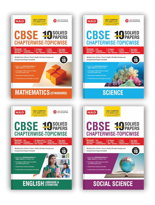 MTG CBSE 10 Years (2025-2016) Chapterwise Topicwise Solved Papers With Sample Paper Class 10 Science, Mathematics Standard, English &amp; Social-Science (Set of 4 Books) - CBSE Champion For 2026 Exam