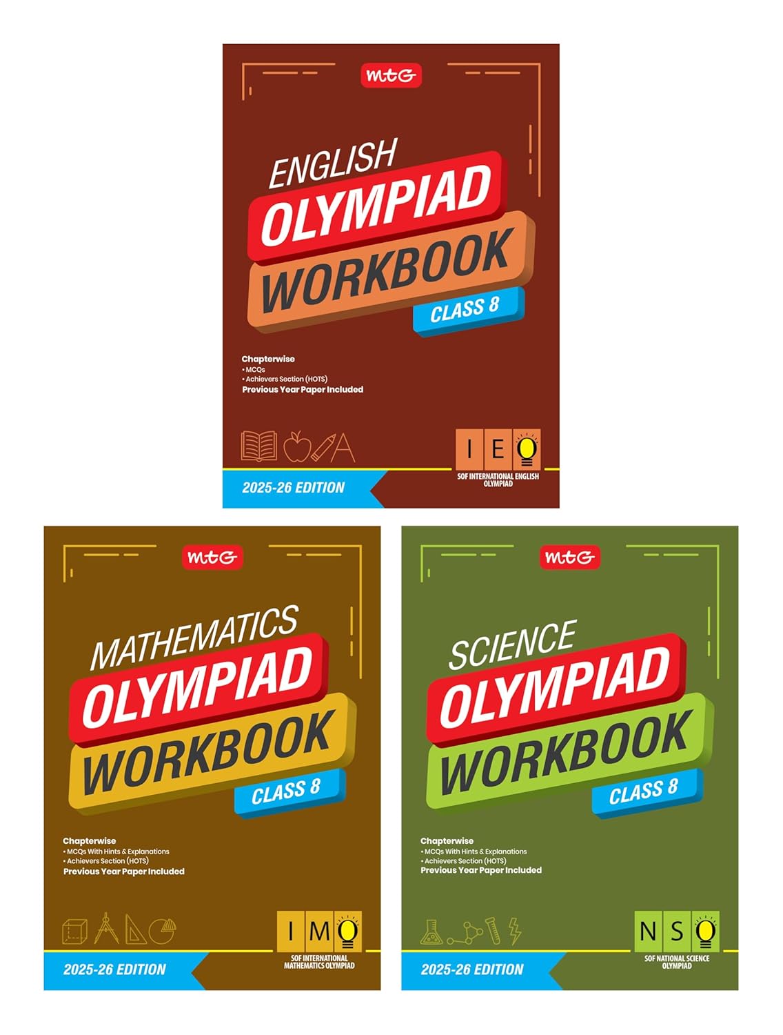 MTG Olympiad IEO-IMO-NSO (English, Mathematics & Science) Workbook For Class 8 - Latest for 2025-26 Session