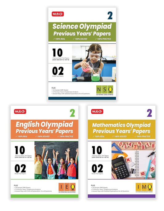 MTG Olympiad IMO-NSO-IEO (English, Mathematics & Science) Previous Years Papers (Set of 3 Books) For Class 2 - Latest for 2025-26 Session