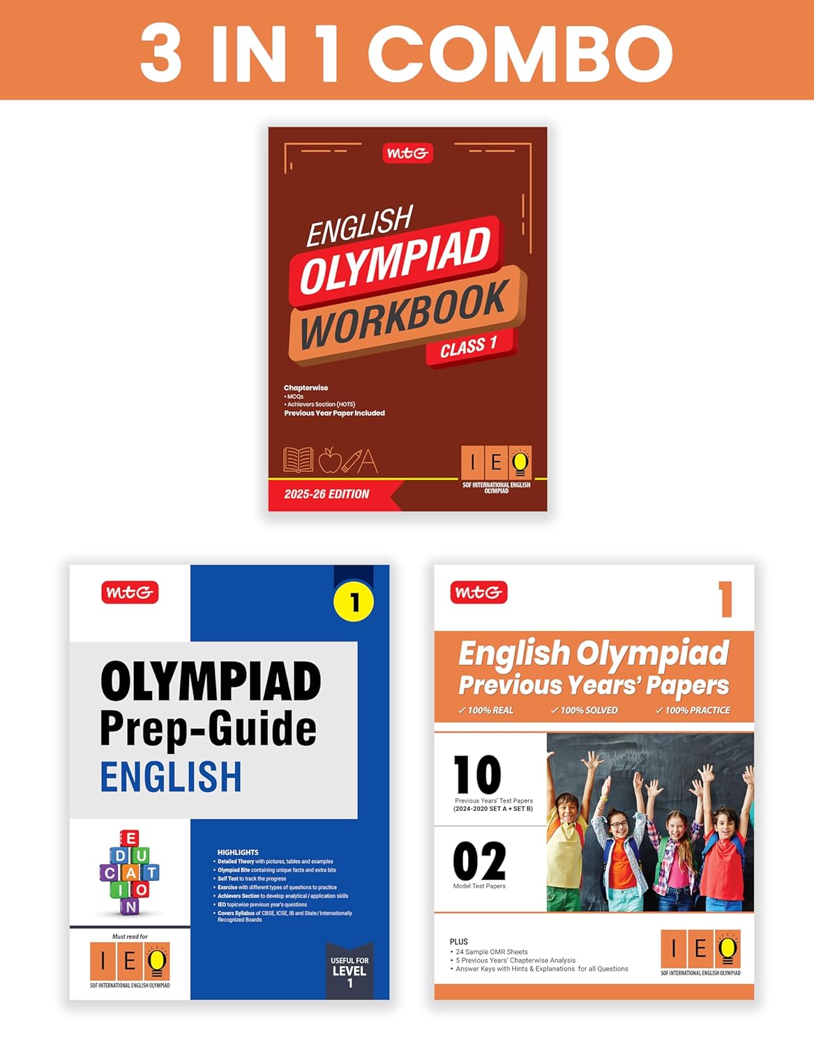 MTG Olympiad IEO English Workbook, Prep - Guide & Previous Years Papers (Set of 3 Books) For Class 1 - Latest for 2025-26 Session