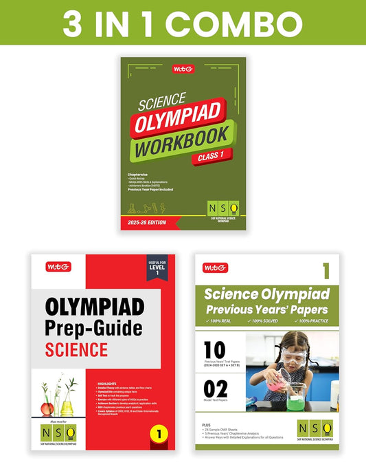 MTG Olympiad NSO Science Workbook, Prep - Guide & Previous Years Papers (Set of 3 Books) For Class 1 - Latest for 2025-26 Session