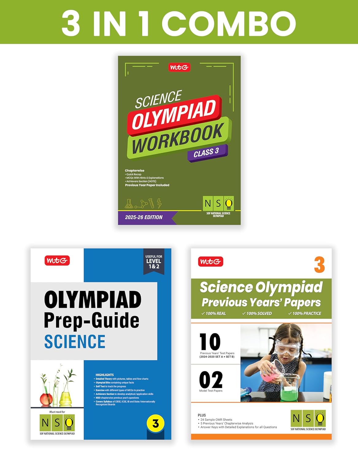 MTG Olympiad NSO Science Workbook, Prep - Guide & Previous Years Papers (Set of 3 Books) For Class 3 - Latest for 2025-26 Session