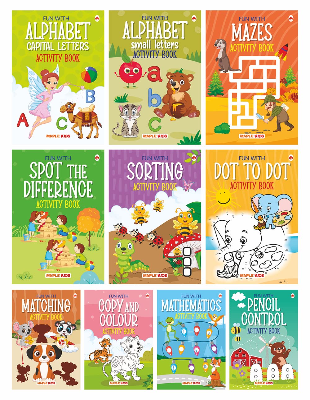 Maple - Brain Booster Activity Book Set (Set of 10 books) Colourful Pages - Alphabet Capital and Small Letters, Mazes, Spot the Difference, Sorting, Matching, Pencil Control Copy and Colour & Dot to Dot, Mathematics - Fun Early Learning. Paperback