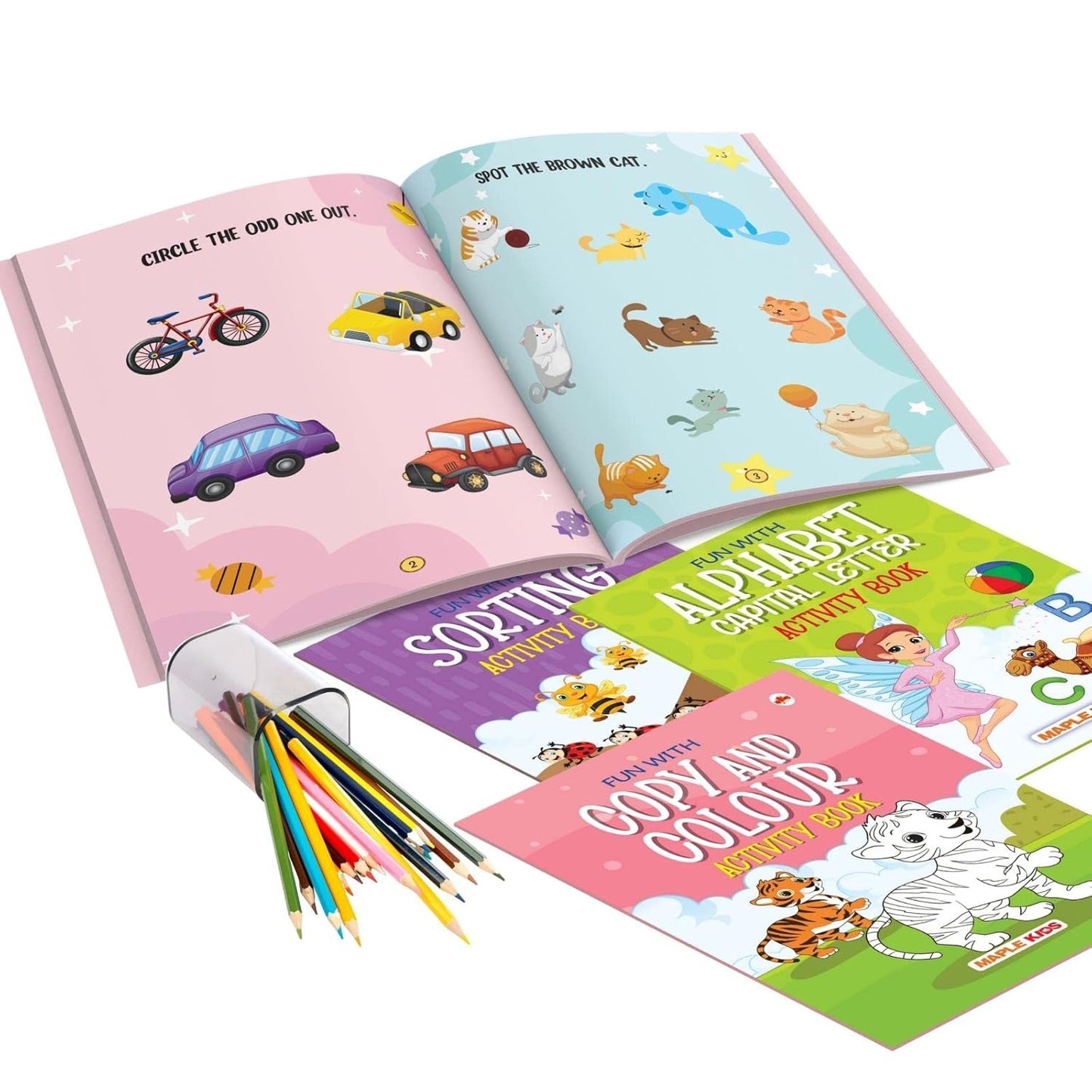 Maple - Brain Booster Activity Book Set (Set of 10 books) Colourful Pages - Alphabet Capital and Small Letters, Mazes, Spot the Difference, Sorting, Matching, Pencil Control Copy and Colour & Dot to Dot, Mathematics - Fun Early Learning. Paperback