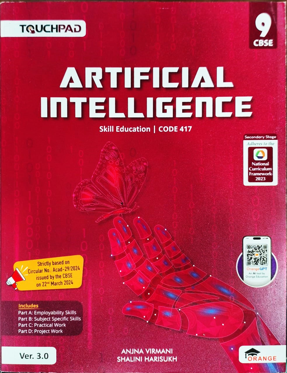 Orange Touchpad Artificial Intelligence For Class 9 I Skill Education I Code 417 I Version 3.0  - Latest for 2026 Examination