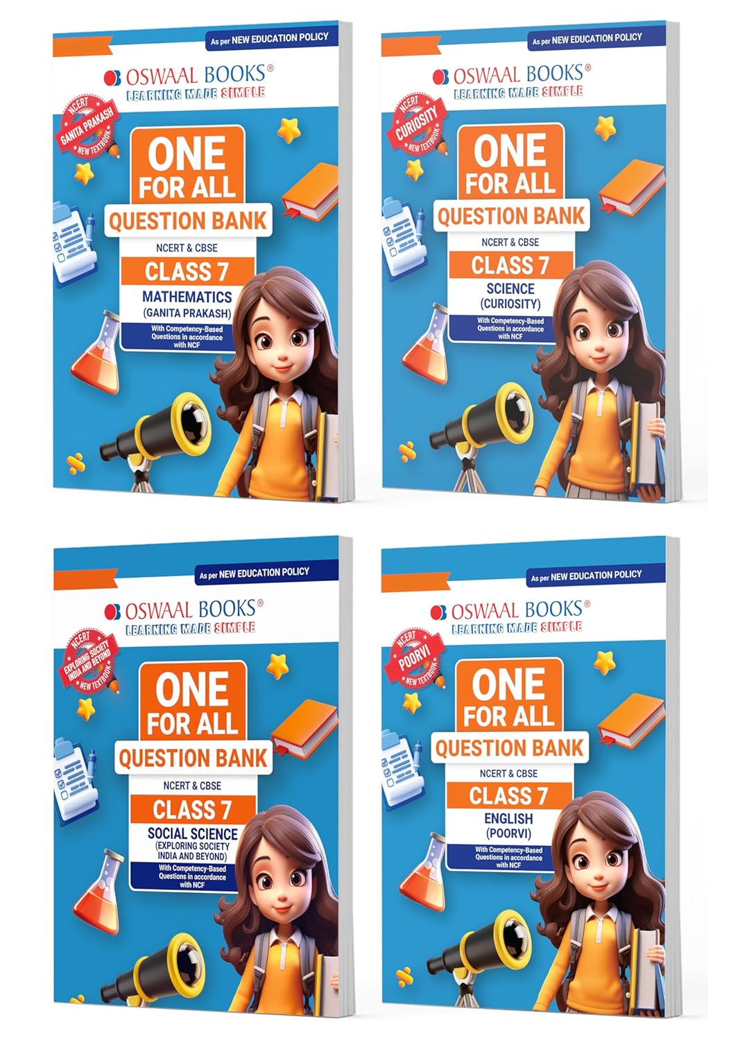 Oswaal CBSE & NCERT One for All Question Bank Math's, Science, Social Science & English - Set of 4 books - for Class 7 I Latest for 2026 Exam