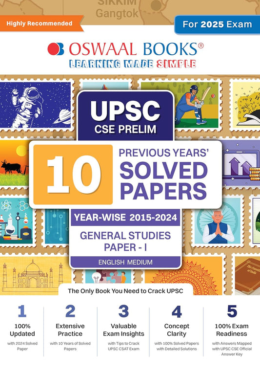 Oswaal UPSC CSE Prelims 10 Previous Years Solved Papers General Studies Paper 1 Year-Wise 2015-2024 English Medium - For 2025 Exam