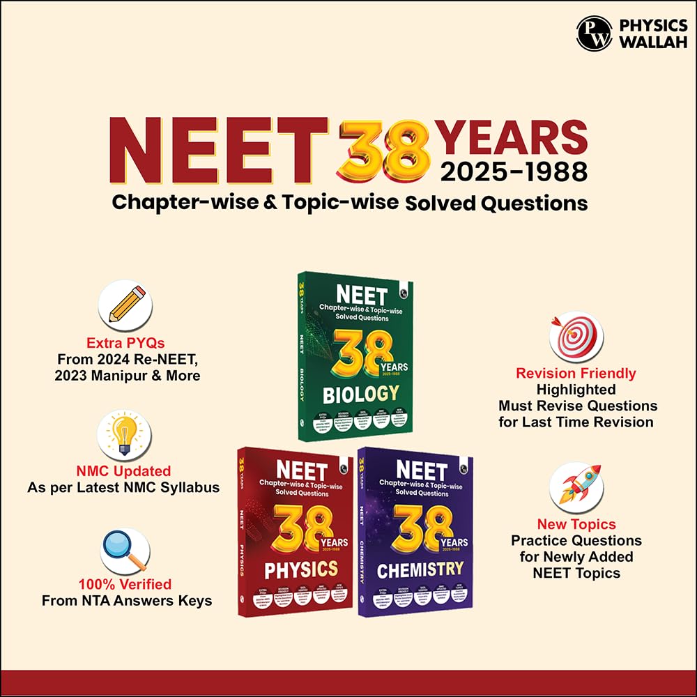 Physics Wallah (PW) 38 Years NEET Previous Year Solved Question Papers Physics, Chemistry and Biology (2025 - 1988) Chapterwise Topicwise Solutions For NEET Exam - Set of 3 Books - For 2026 Session