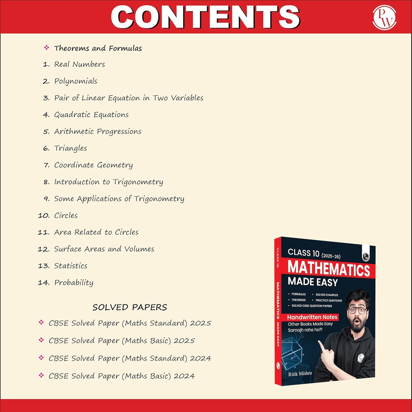 Physics Wallah (PW) CBSE Mathematics Made Easy Handwritten Notes By Ritik Mishra for Class 10 - Latest Edition