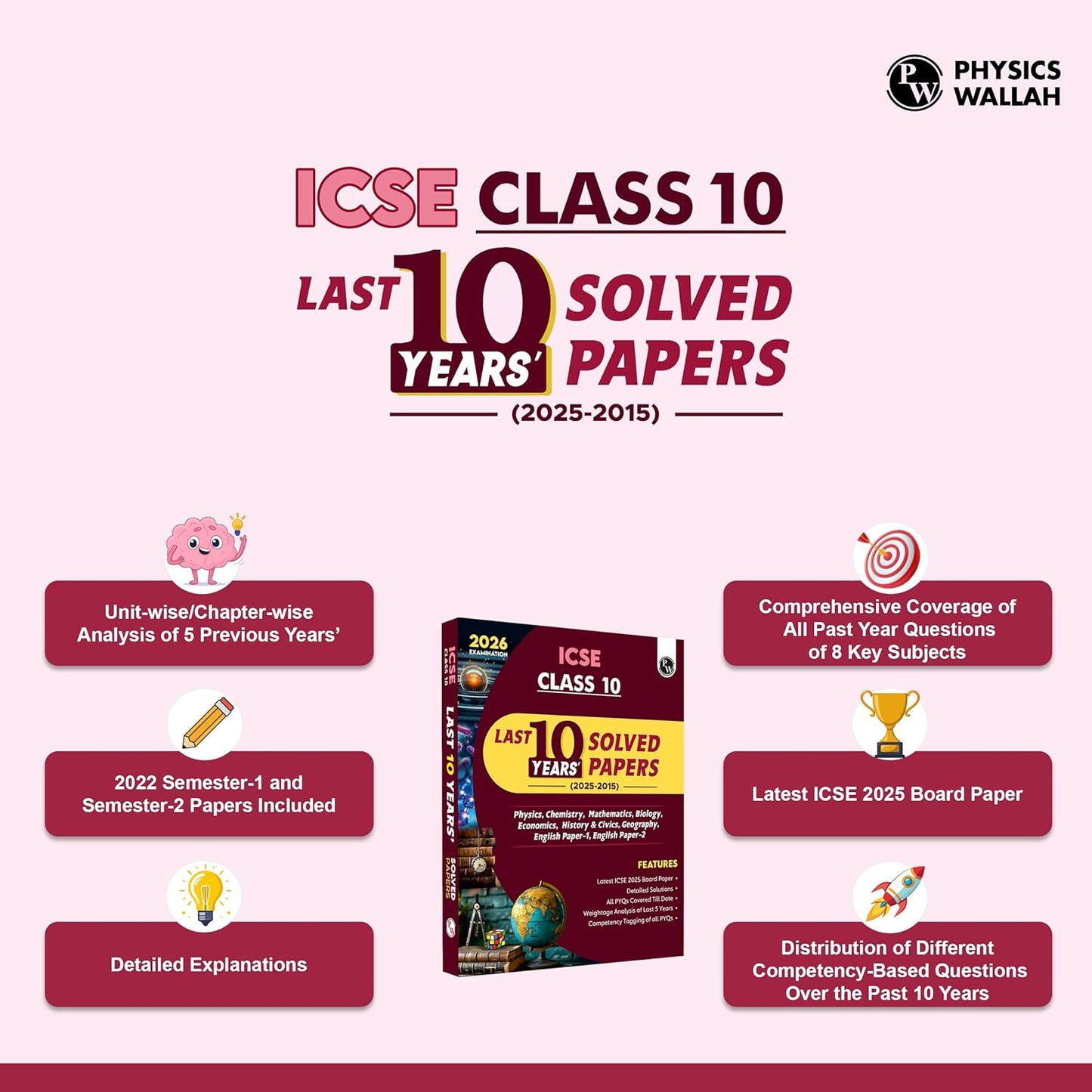 Physics Wallah (PW) ICSE PYQs - Past 10 Years Solved Papers (2025-2015) for Class 10 (Physics, Chemistry, Mathematics, Biology, Economics, History & Civics, Geography, English Paper 1, English Paper 2) - For 2026 Examination