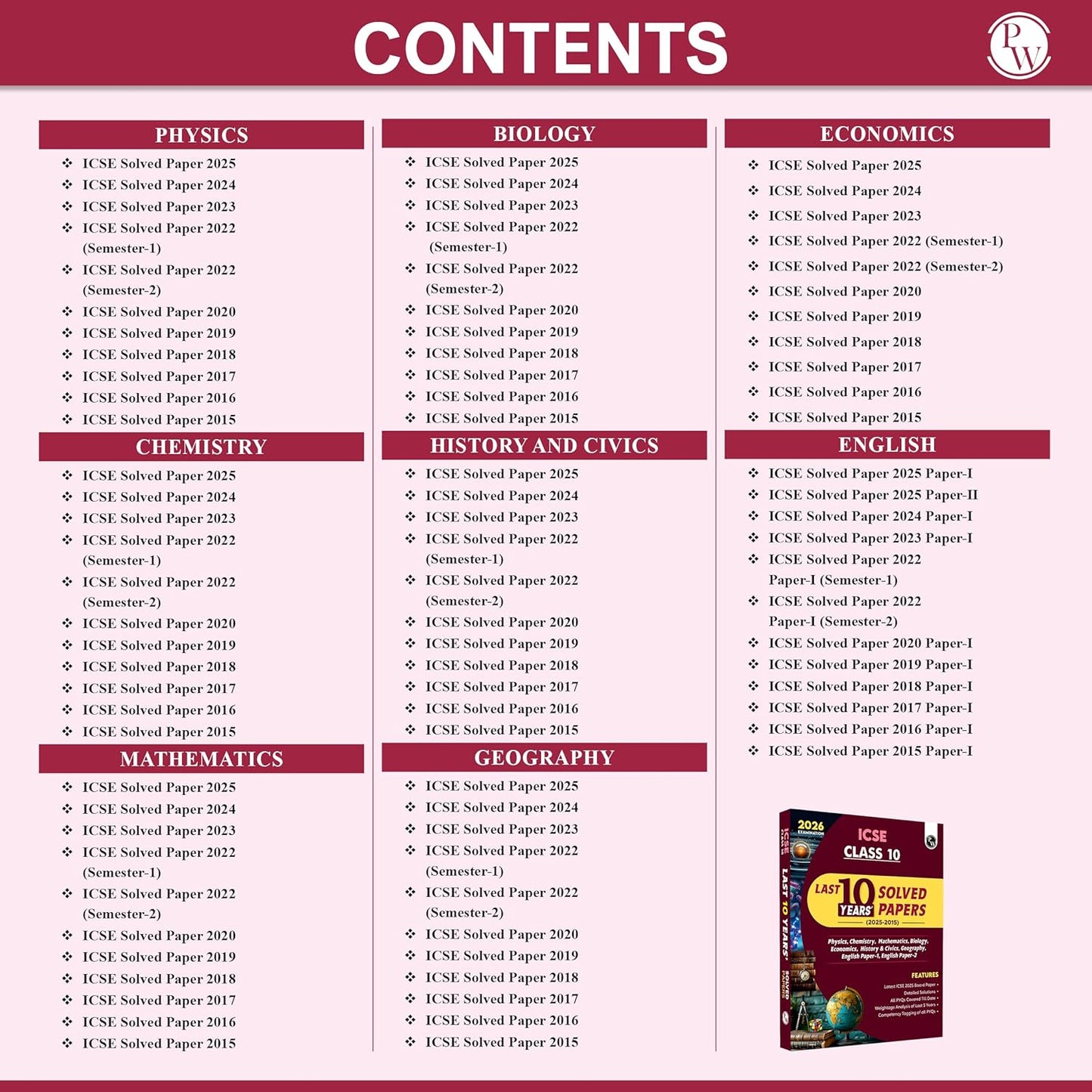 Physics Wallah (PW) ICSE PYQs - Past 10 Years Solved Papers (2025-2015) for Class 10 (Physics, Chemistry, Mathematics, Biology, Economics, History & Civics, Geography, English Paper 1, English Paper 2) - For 2026 Examination