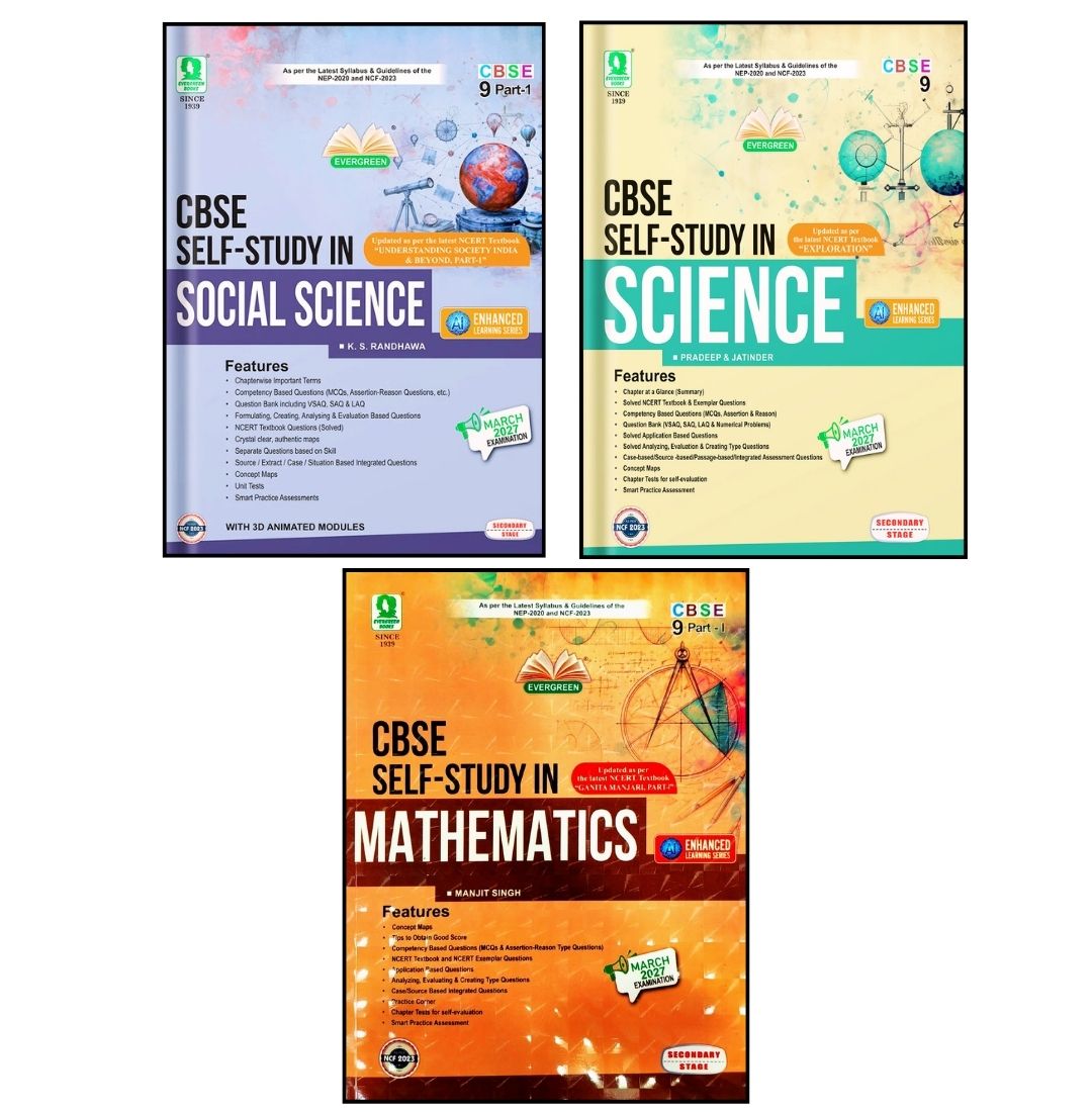 Evergreen CBSE Self Study Science, Math & Social Class 9 _ Set of 3 Books_ March 2027 Examination