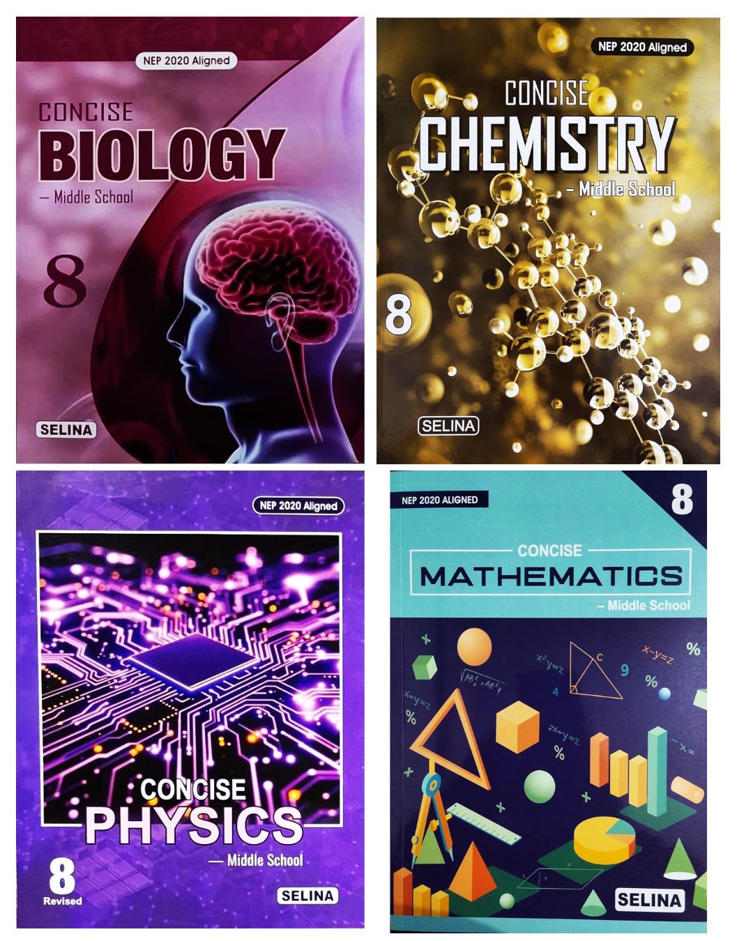 Selina Middle School Physics, Chemistry, Biology & Mathematics Class 8 - Combo of 4 Books - Latest For 2026-27 Session