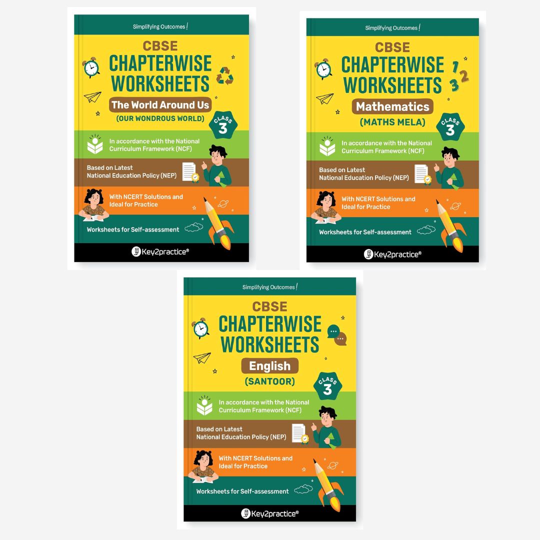 Key2Practice CBSE Chapterwise Worksheet English (Santoor), Mathematics (Maths Mela) and The World Around Us (Our Wondrous World) for Class 3 - Set of 3 Books