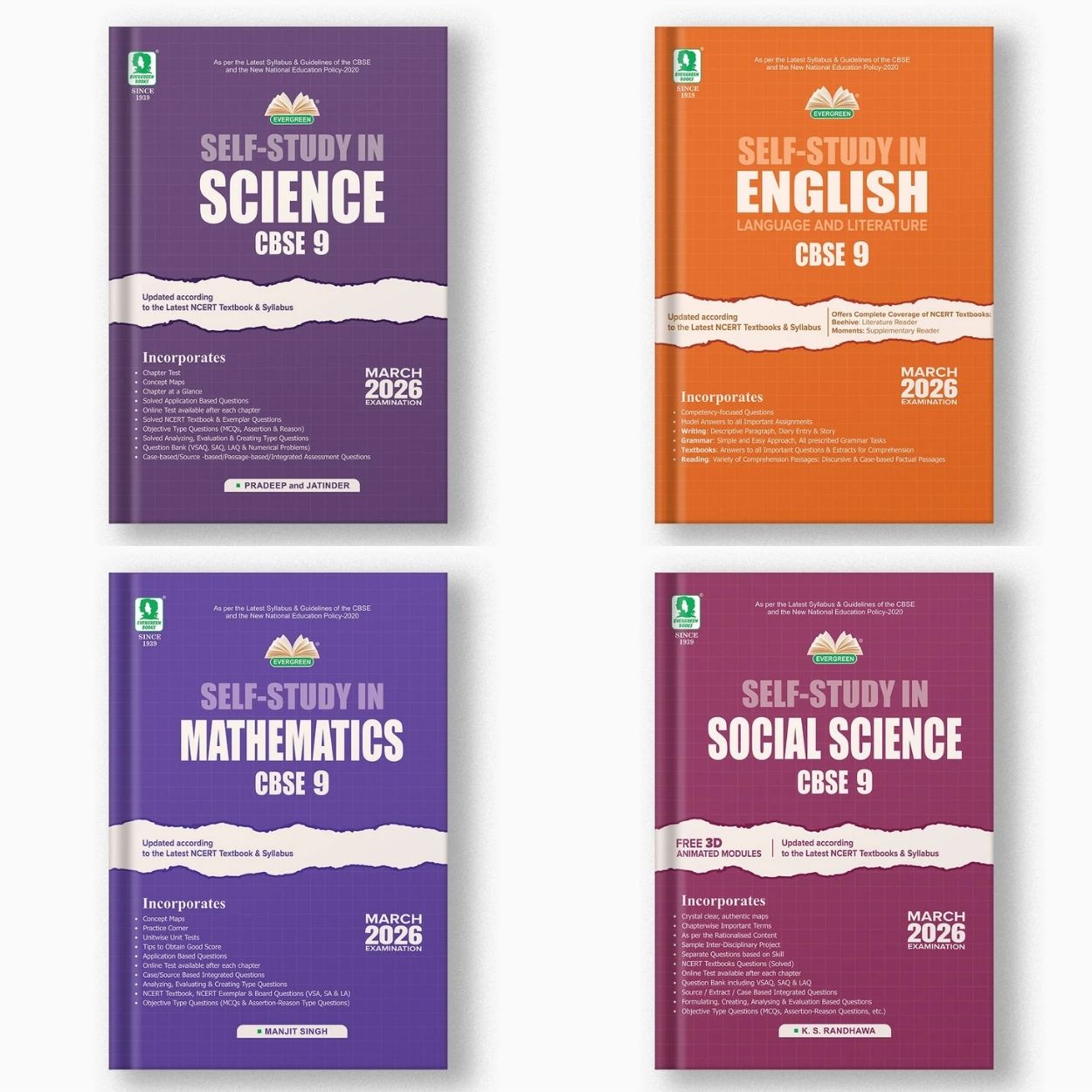Evergreen CBSE Self Study Social Science, English, Science and Mathematics for Class 9 - Set of 4 Books - Latest for 2026 Examination