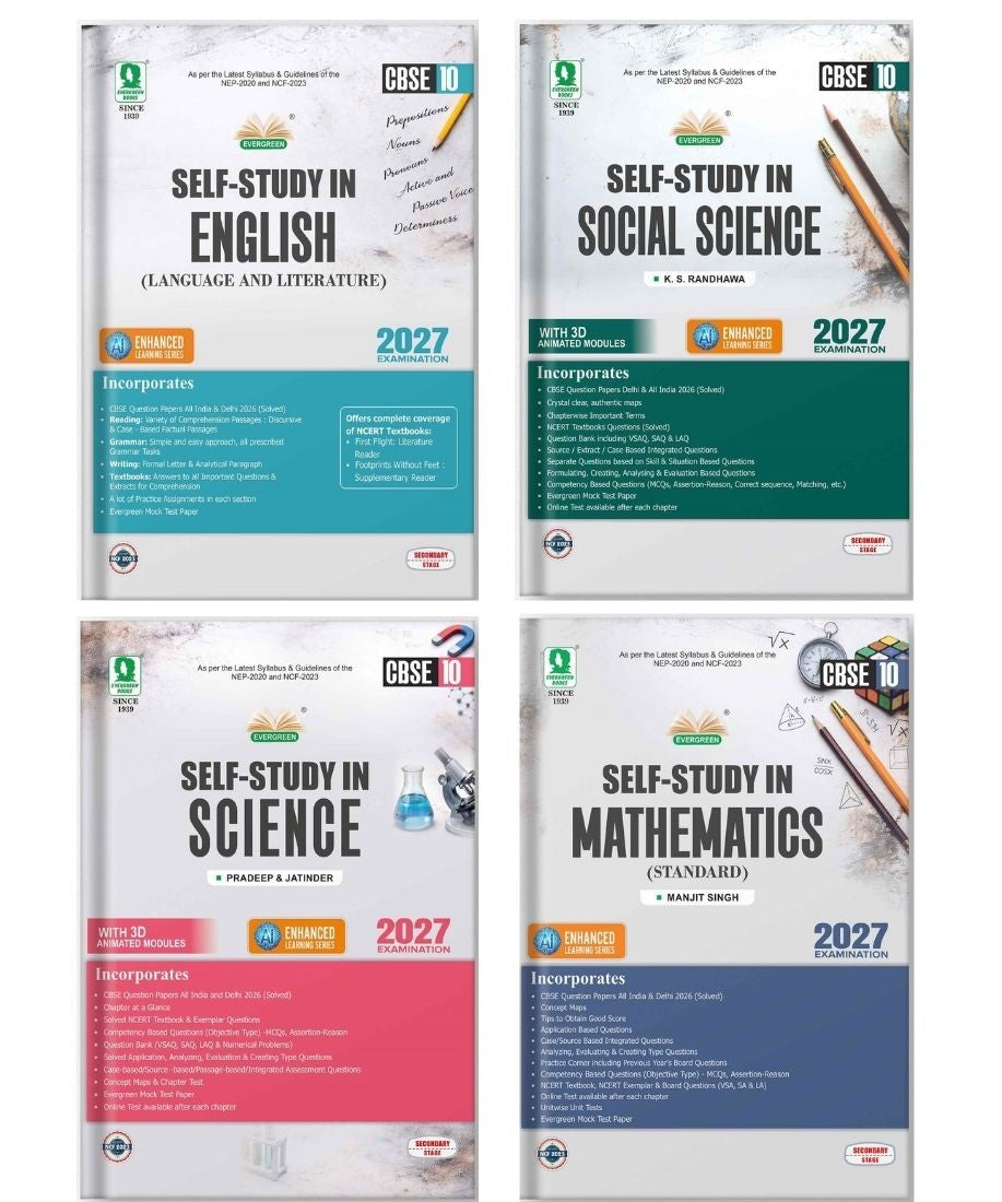 Evergreen CBSE Self Study Science, Social Science, Mathematics (Standard) &  English (Language & Literature) for Class 10 - Set of 4 Books - Latest for 2027 Examination
