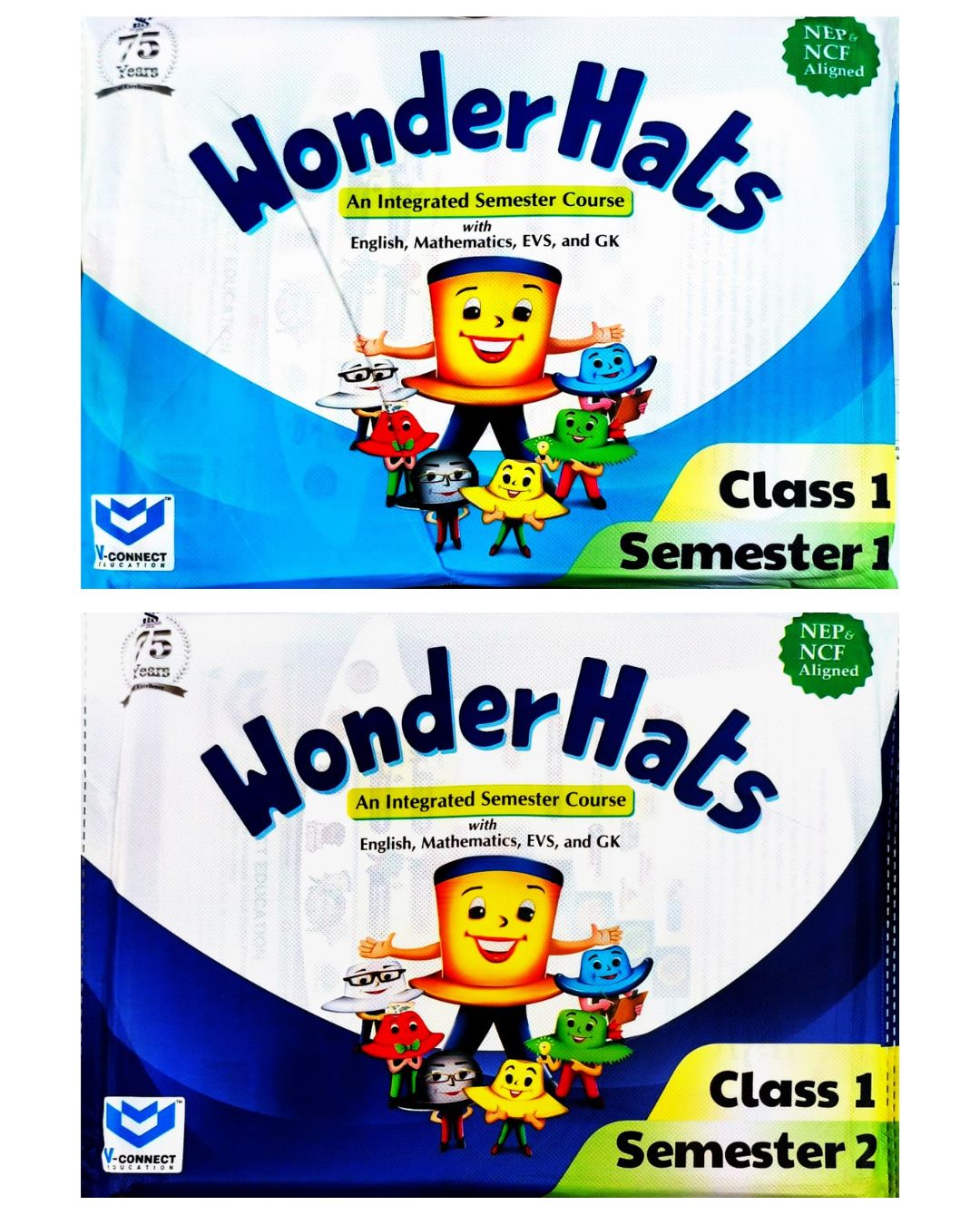 V Connect - Wonder Hats Class 1 Integrated Semester Course Set (Semester 1 & 2) - with English, Mathematics, EVS and GK - NEP & NCF Aligned