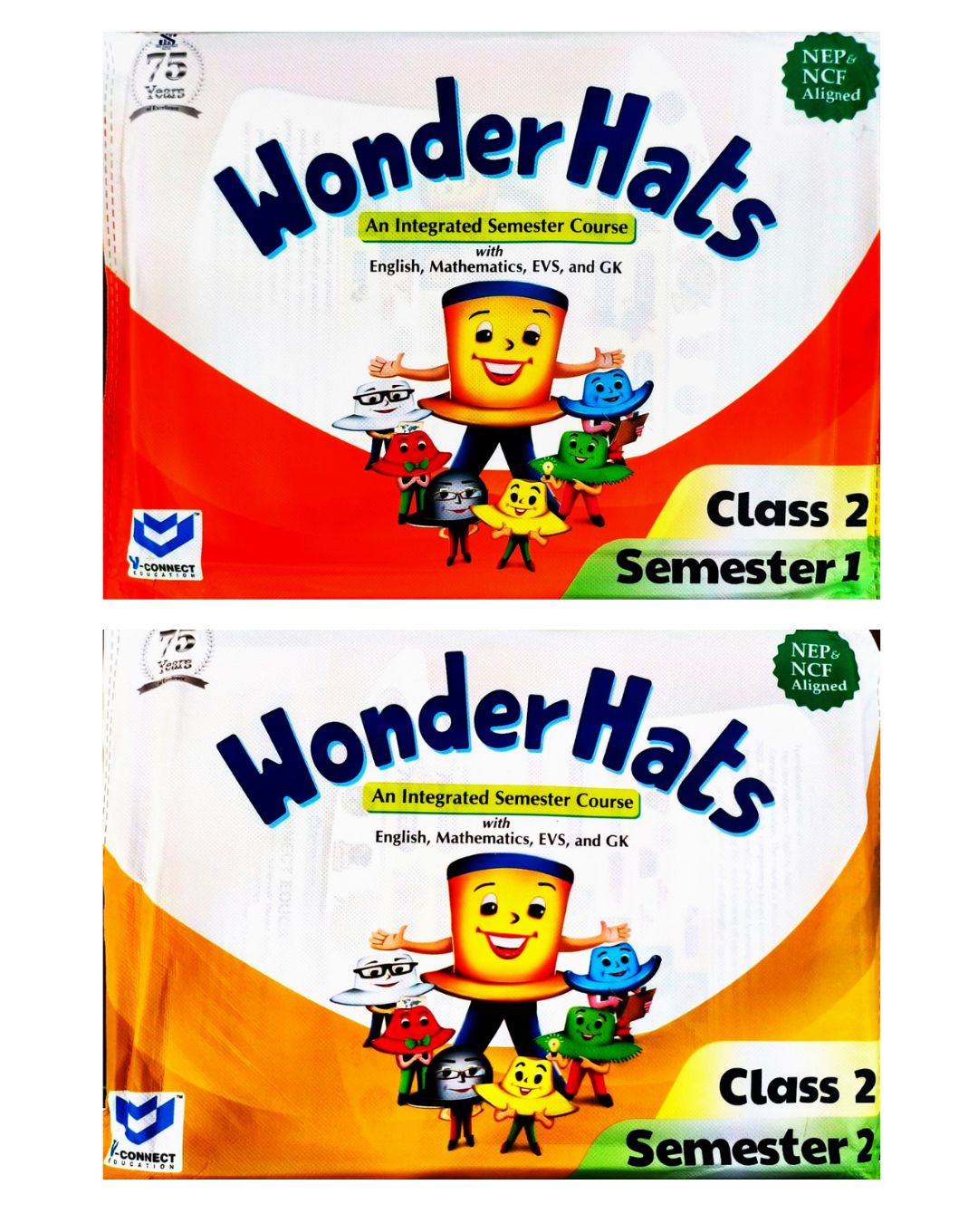 V Connect - Wonder Hats Class 2 Integrated Semester Course Set (Semester 1 & 2) - with English, Mathematics, EVS and GK - NEP & NCF Aligned