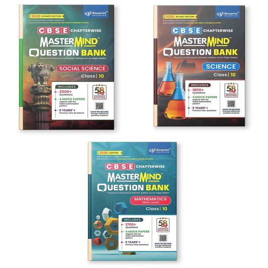 Blueprint CBSE Chapterwise Mastermind Question Bank Social Science, Mathematics (Basic) & Science for Class 10 - Set of 3 Books - Latest for 2026 Board Edition