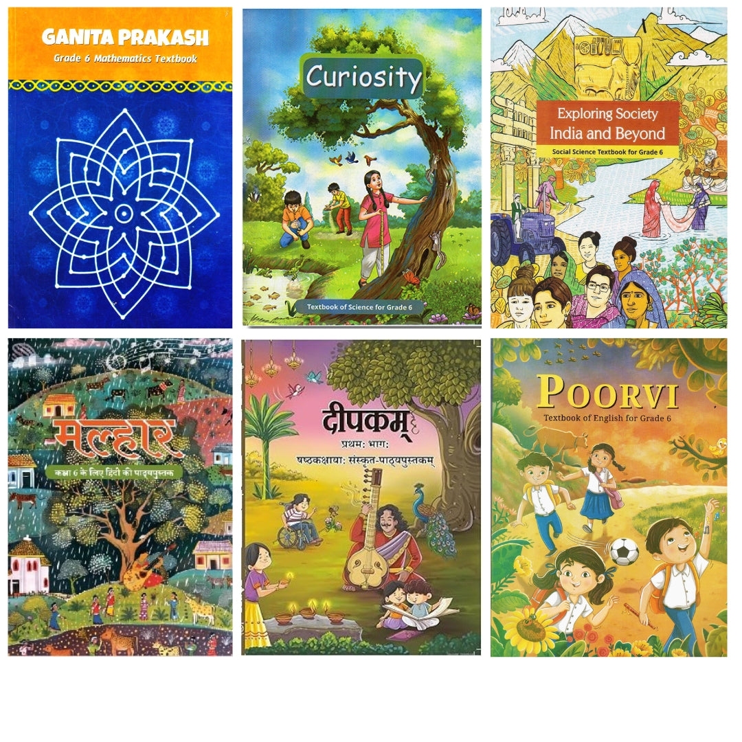 NCERT Ganita Prakash (Mathematics), Curiosity (Science), Exploring Society (Social), Malhar (Hindi), Deepakam (Sanskrit) & Poorvi (English) Textbook for Class 6 - Set of 6 Books - Latest Edition