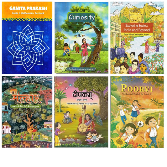 NCERT Ganita Prakash (Mathematics), Curiosity (Science), Exploring Society (Social), Malhar (Hindi), Deepakam (Sanskrit) & Poorvi (English) Textbook for Class 6 - Set of 6 Books - Latest Edition