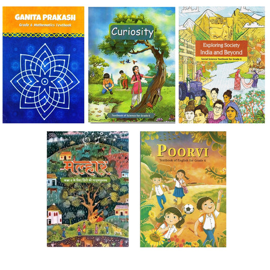 NCERT Ganita Prakash (Mathematics), Curiosity (Science), Exploring Society (Social), Malhar (Hindi) & Poorvi (English) Textbook for Class 6 - Set of 5 Books - Latest Edition