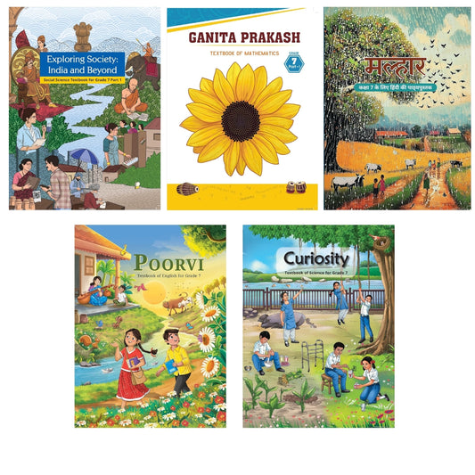 NCERT Ganita Prakash (Mathematics), Curiosity (Science), Exploring Society (Social), Malhar (Hindi) & Poorvi (English) Textbook for Class 7 - Set of 5 Books - Latest Edition