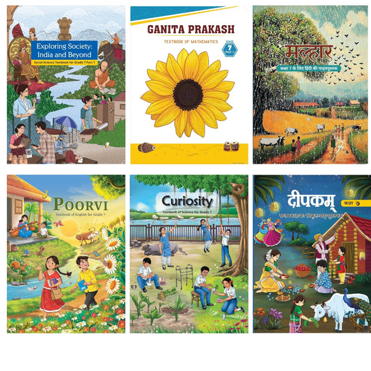 NCERT Ganita Prakash (Mathematics), Curiosity (Science), Exploring Society (Social), Malhar (Hindi), Deepakam (Sanskrit) & Poorvi (English) Textbook for Class 7 - Set of 6 Books - Latest Edition
